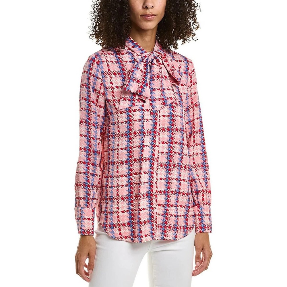 0298 - Gracia Vibrant Pink, Red and Blue Houndstooth Blouse